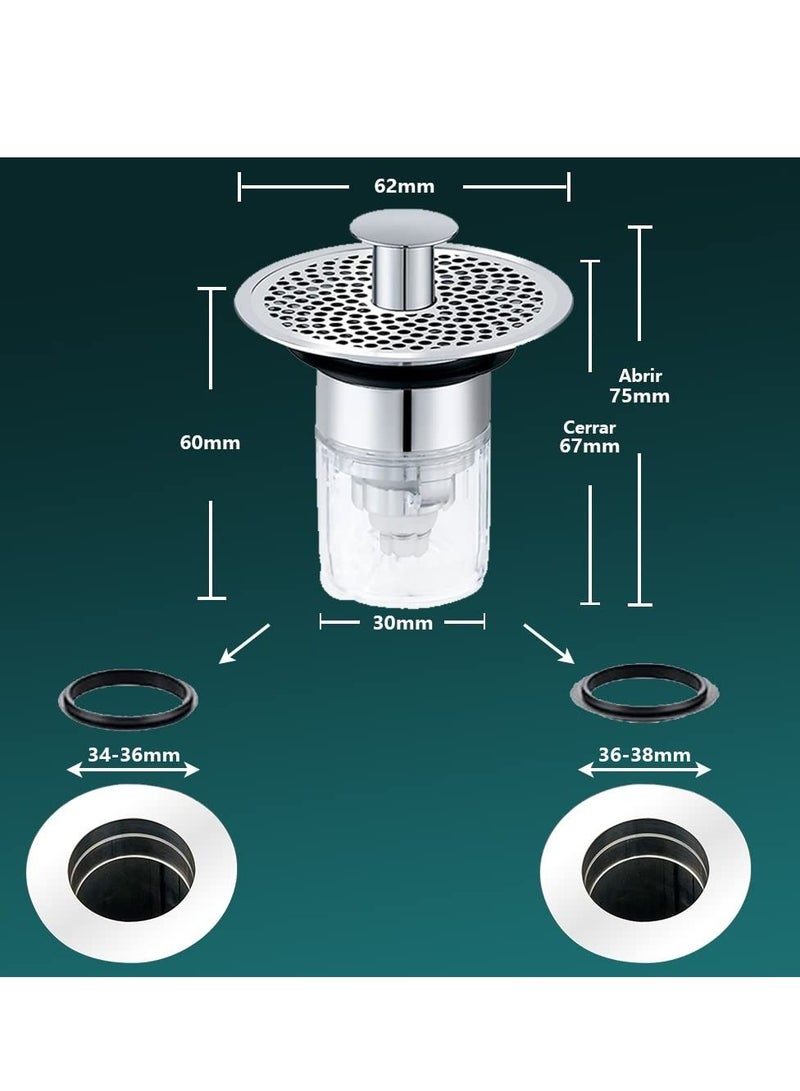 Sink Stopper, Anti-odour Pop Up Bath Plug Replacement Stainless Steel with Strainer, Push Down Bathroom Plugs for Wash Basins 2 Rubber Washers 30-40mm Hole - Image 5